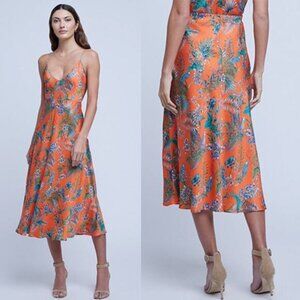 NEW L'Agence Clarisa Printed Bias Midi Skirt Orange Multi Parrot Size: Small